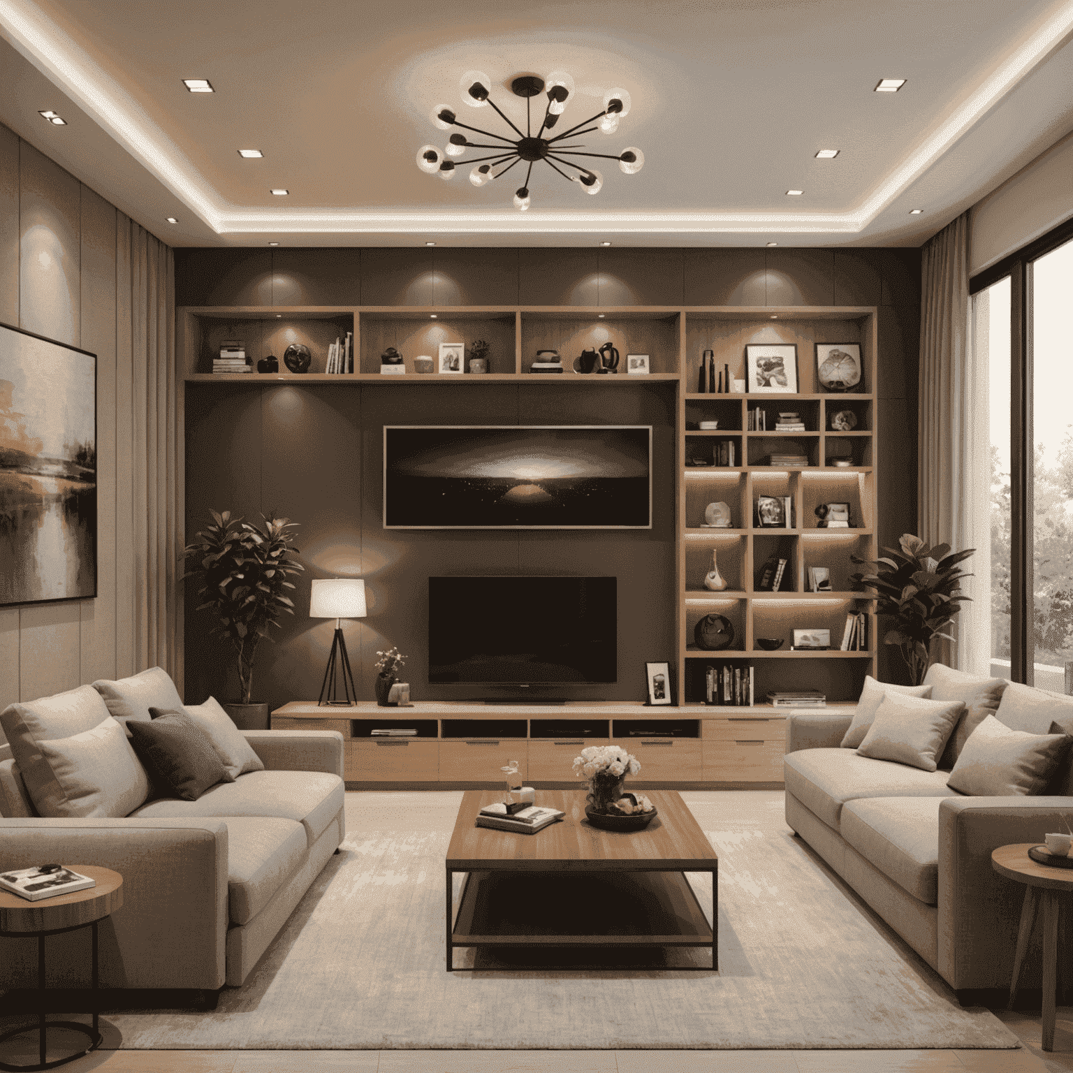 A cozy and well-organized living room with warm lighting, featuring clever storage solutions and functional design elements. The space showcases a perfect balance of comfort and practicality, embodying the essence of SpaceCrafting's philosophy.