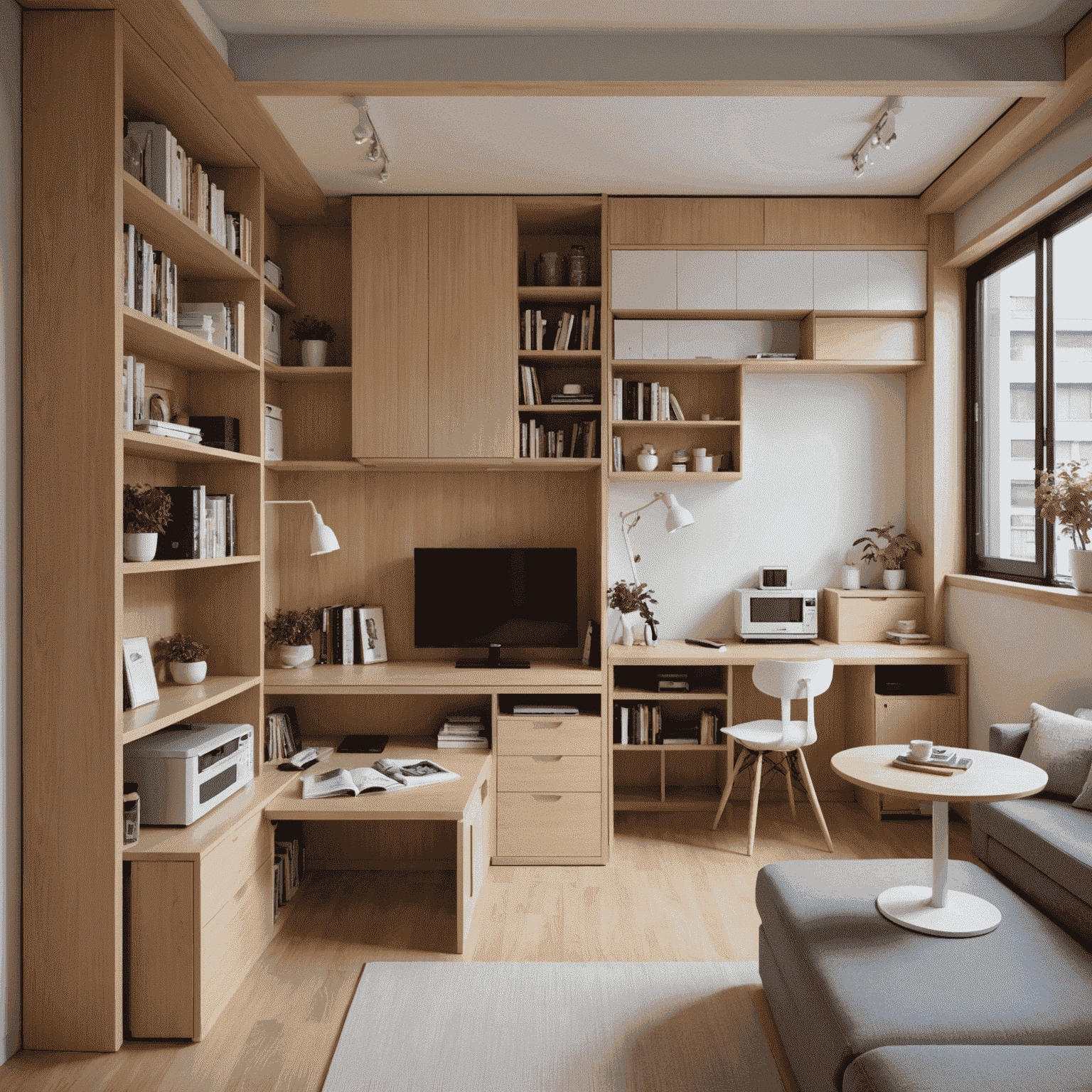 A compact Tokyo apartment with clever storage solutions and multi-functional furniture. The image shows a small living space with hidden storage compartments, foldable tables, and space-saving shelving units.