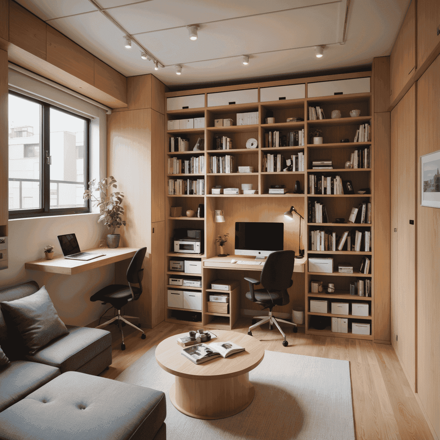 A compact Tokyo apartment with clever storage solutions and multi-functional furniture, showcasing innovative space-saving techniques