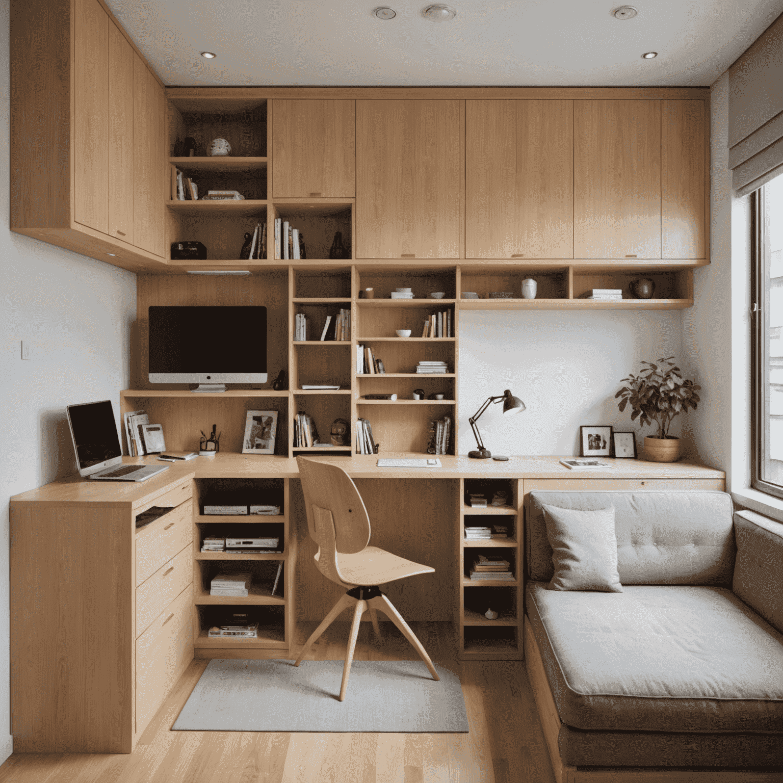 A compact Tokyo apartment showcasing clever storage solutions and multi-functional furniture. The space features built-in shelving, a fold-down desk, and a loft bed area, all designed to maximize every square inch.