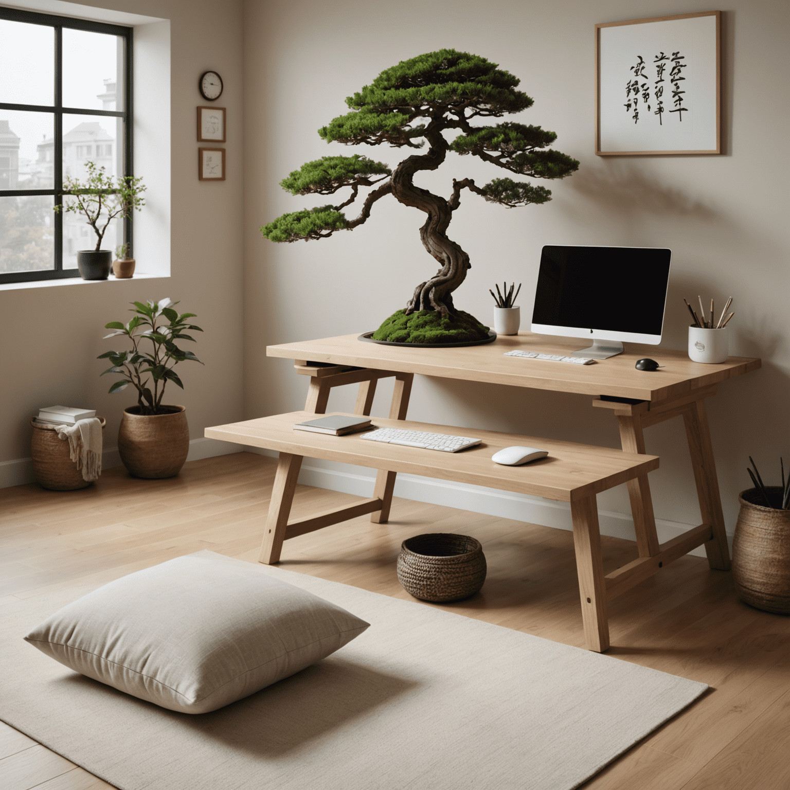 A serene home office with minimalist design, featuring a low wooden desk, a comfortable floor cushion, and a few carefully chosen decorative elements like a small bonsai tree and a calligraphy scroll.