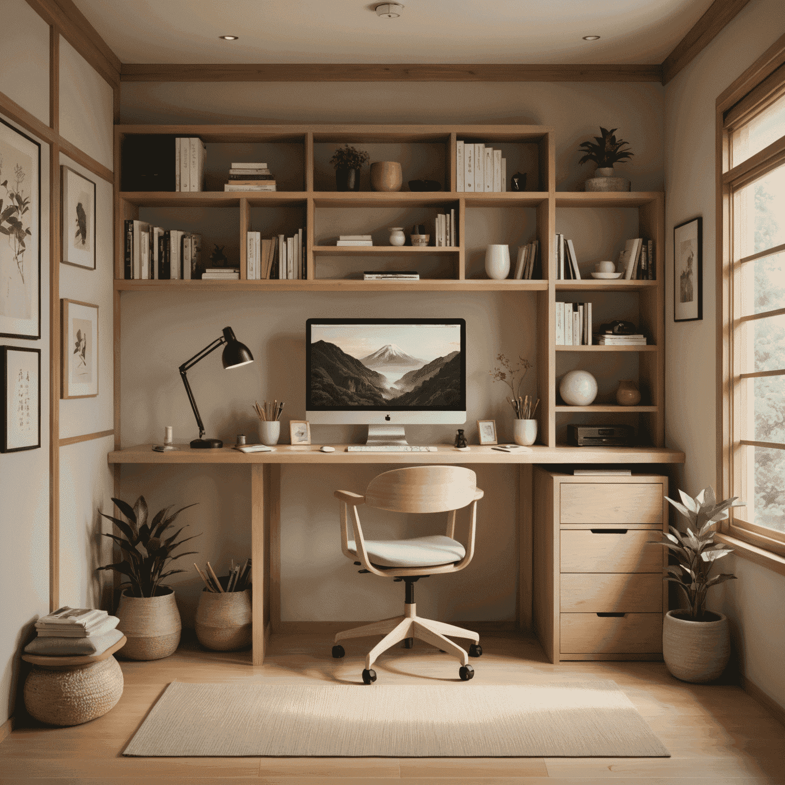 A tidy and minimalist home office in a Japanese-style room, featuring a low wooden desk, comfortable floor cushion, and neatly organized shelves with a few carefully chosen items that spark joy