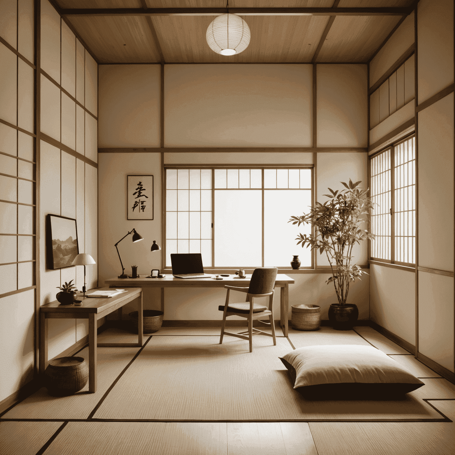 A minimalist Japanese-inspired home office with a low desk, floor cushion, and shoji screen divider. The space features natural materials like bamboo and paper, with a bonsai plant for a touch of nature.