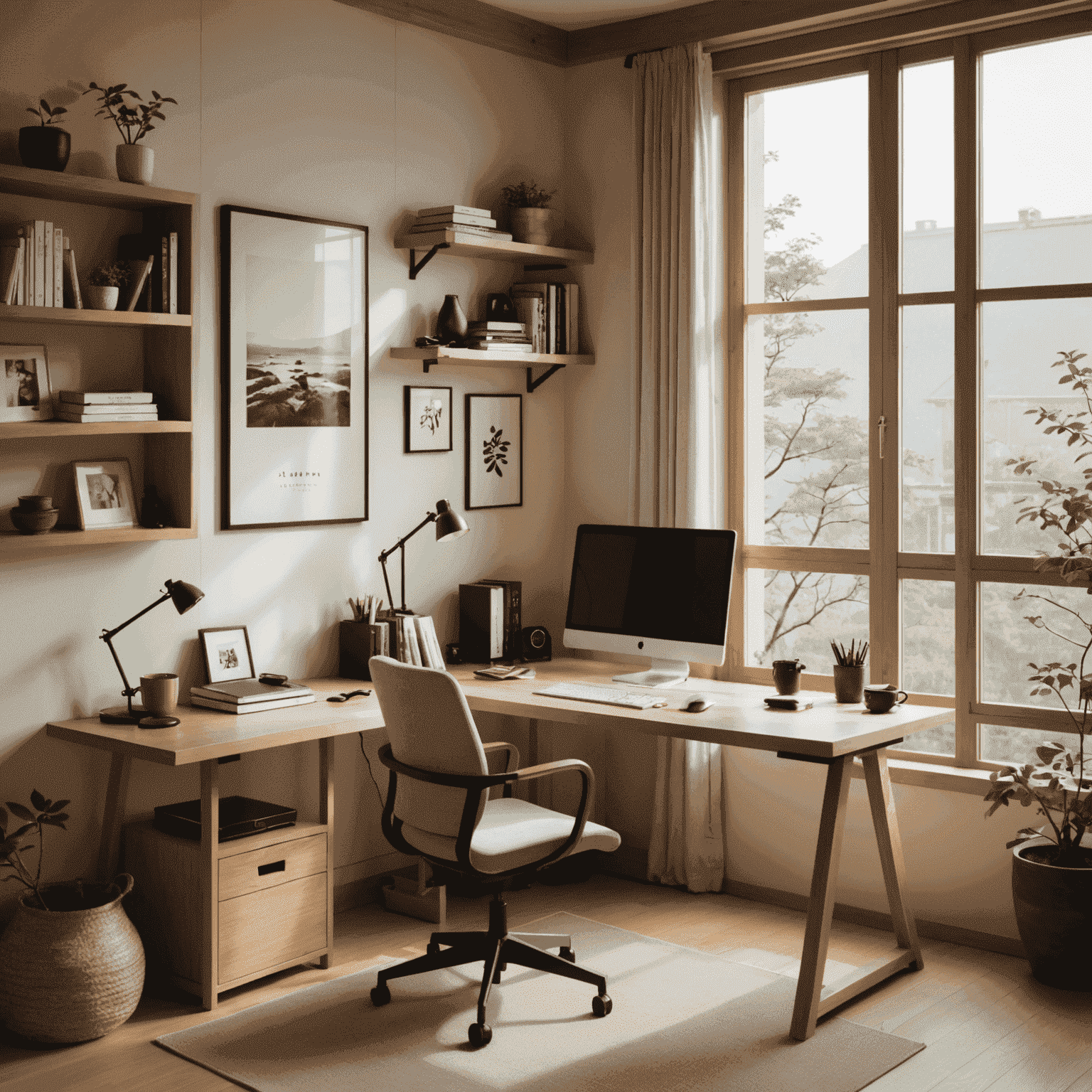 A cozy Japanese home office setup with a small desk near a window, featuring minimalist design and clever storage solutions