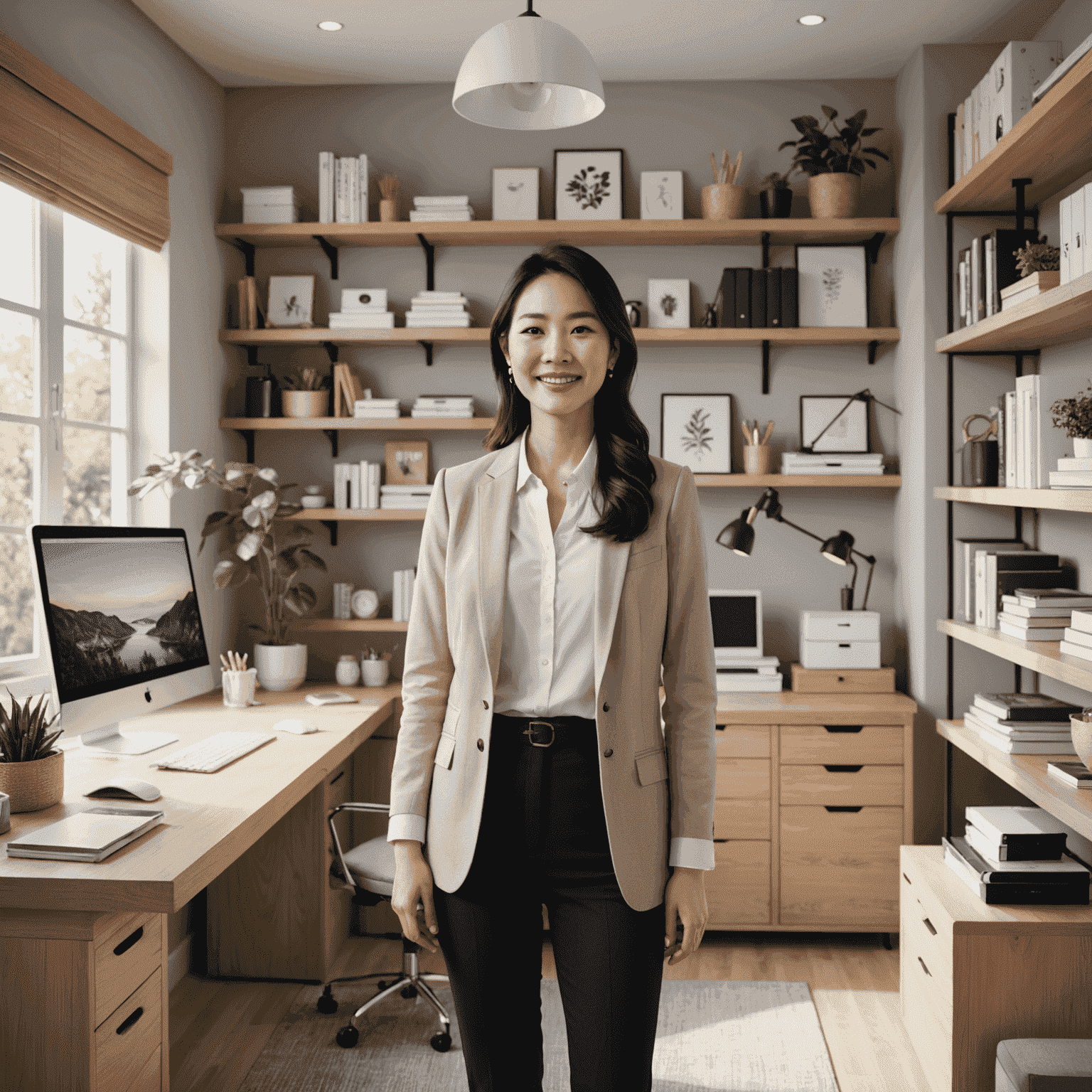 Yuki Tanaka, a professional organizer with a warm smile, standing in a beautifully organized home office. She wears a casual yet professional outfit and is surrounded by clever storage solutions and minimalist decor.