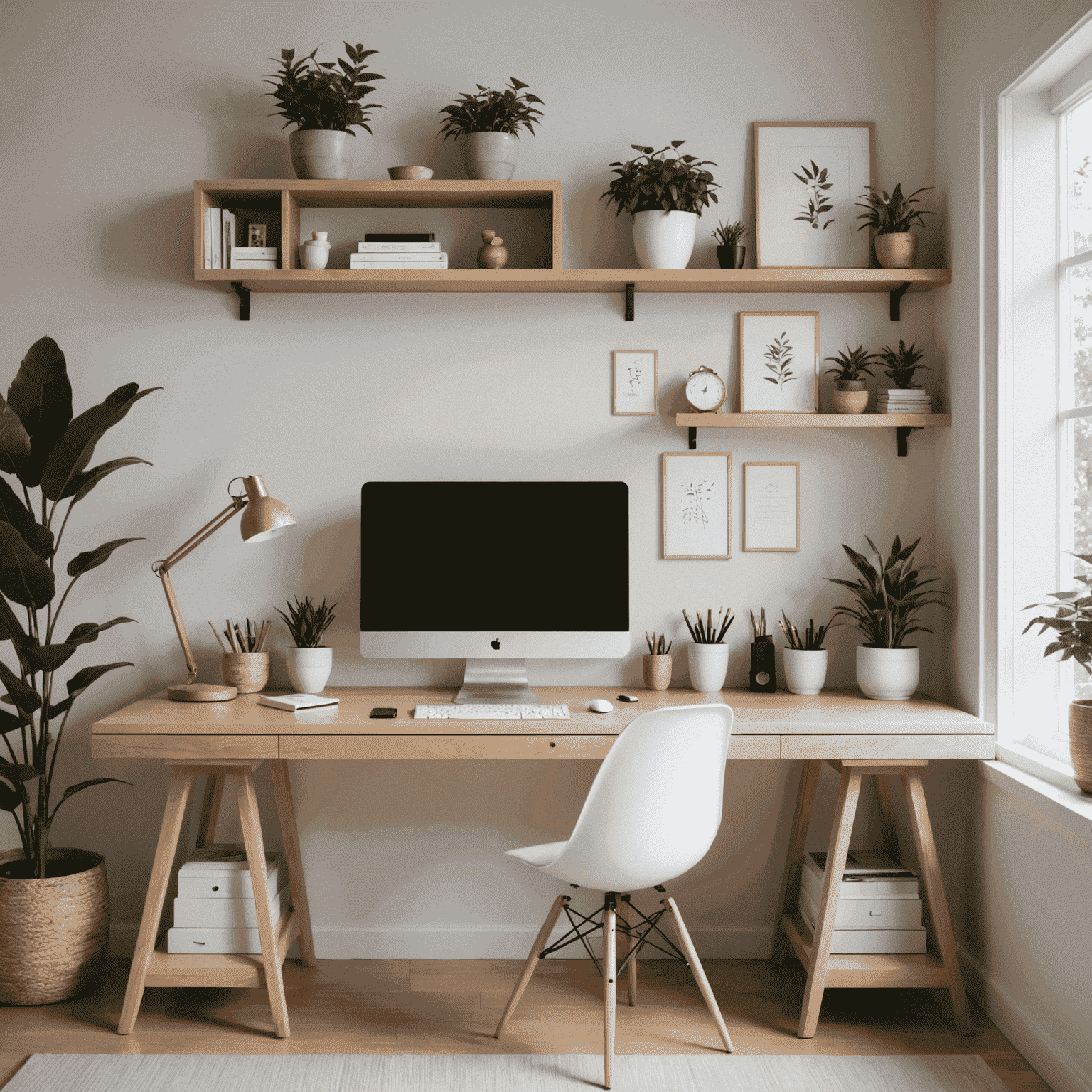 A serene home office space with minimalist Japanese-inspired design. The image features a clean desk area with natural wood elements, a few carefully placed plants, and simple organizational tools.