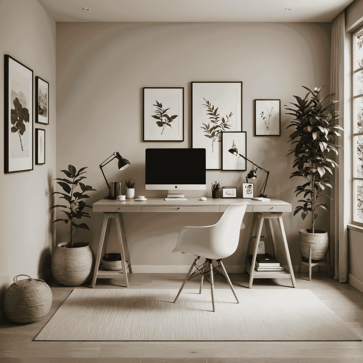 A serene home office space with minimalist Japanese-inspired decor, featuring clean lines and natural elements