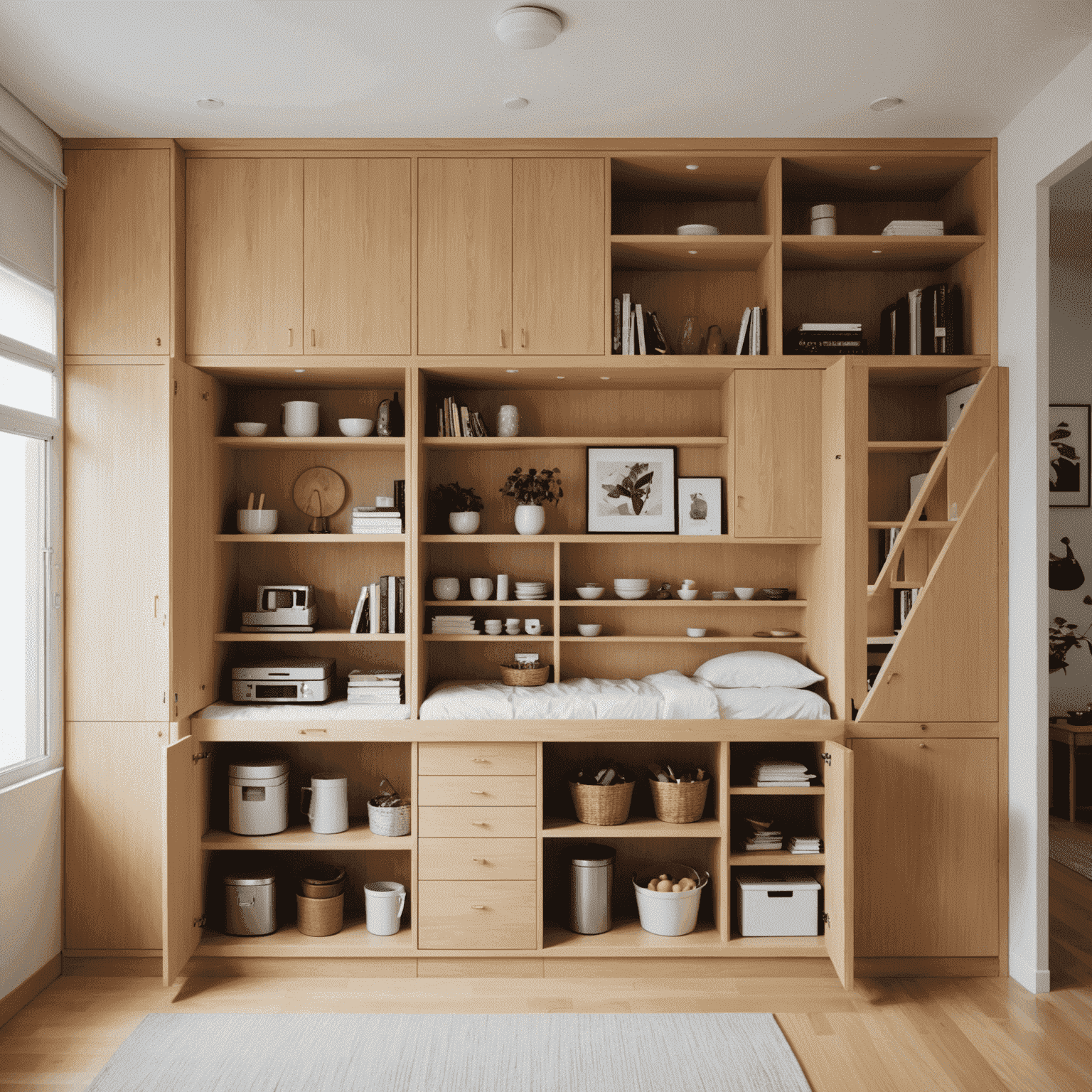 A series of clever storage solutions in a Tokyo apartment, including a wall of built-in cabinets, under-stair drawers, and a bed with integrated storage compartments.