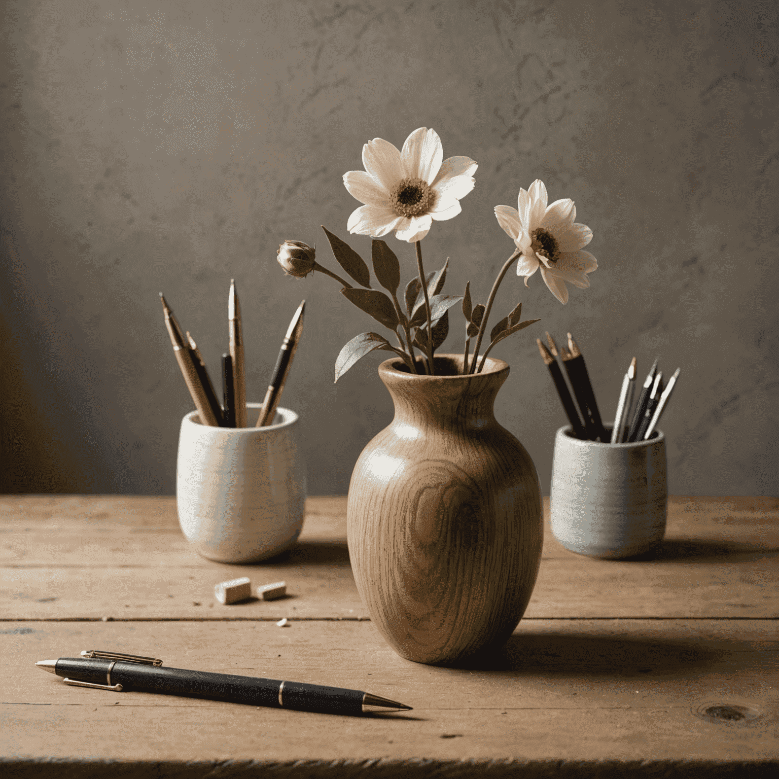 A close-up of a wooden desk surface showing natural grain and slight imperfections, with a handmade ceramic pen holder and a simple, asymmetrical flower arrangement in a weathered vase.