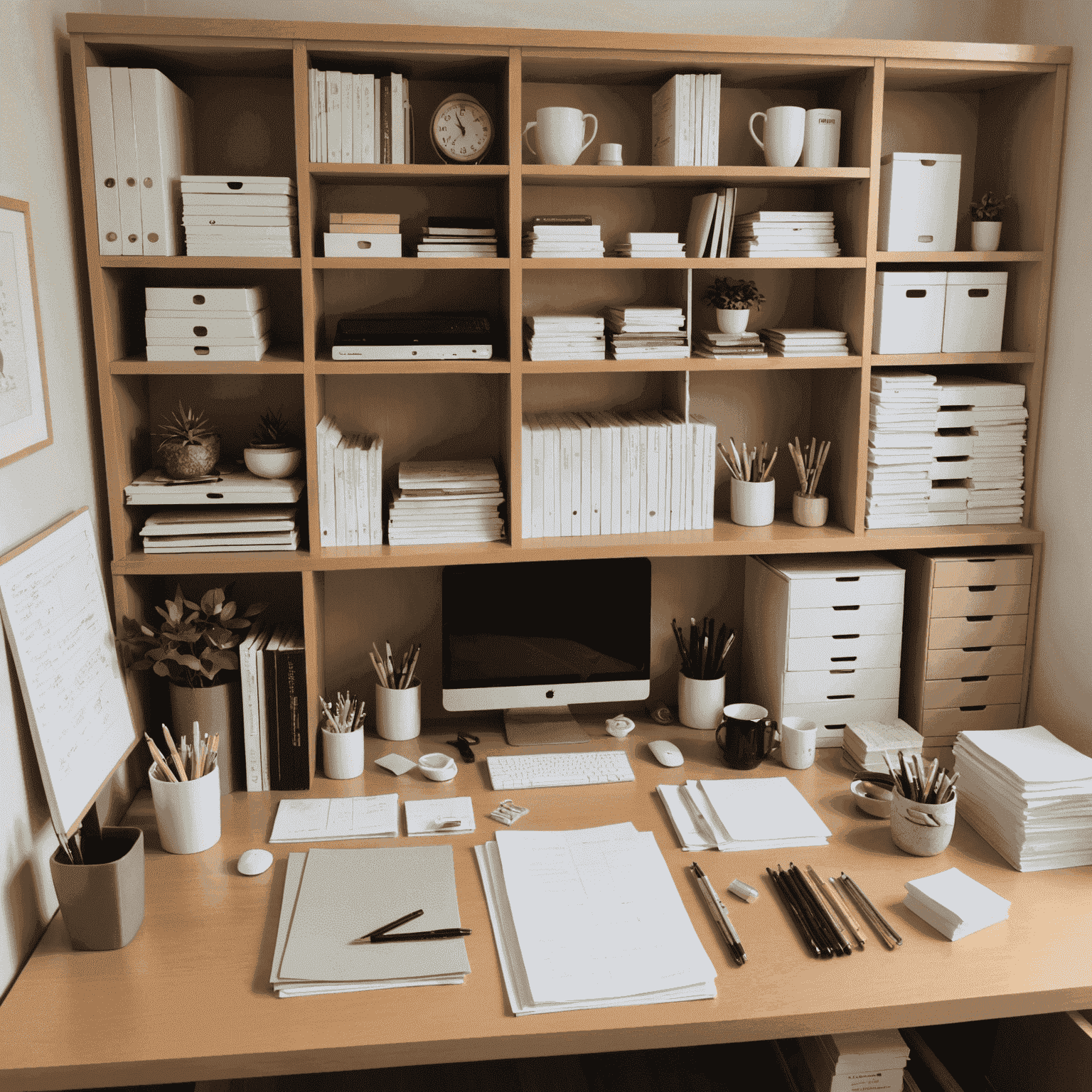 A before and after comparison of a cluttered Japanese home office transformed into a serene, organized space using the KonMari method, with neatly folded papers and beautifully arranged office supplies