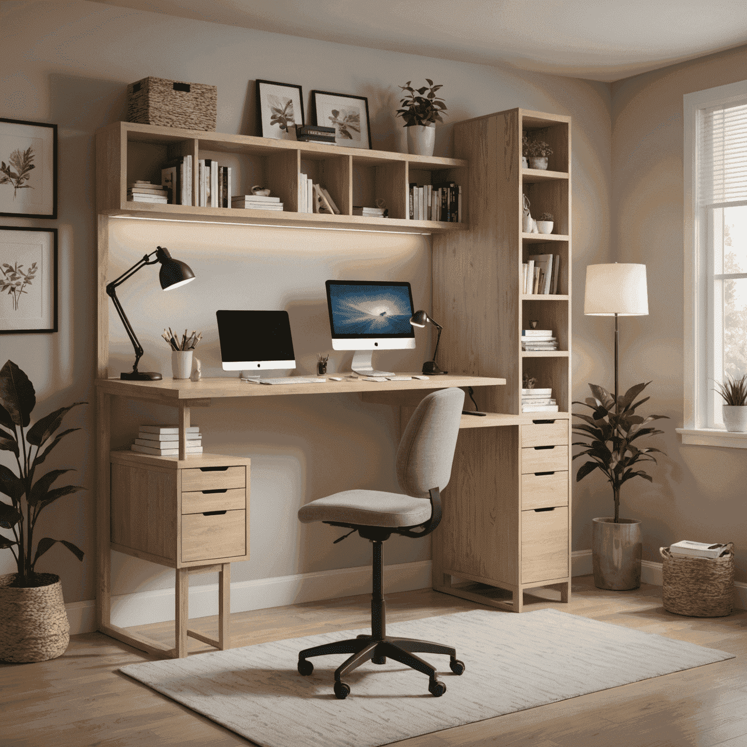 A compact workspace featuring a foldable desk against a wall, with built-in shelving above. The desk chair is a storage ottoman, and a floor lamp provides warm, focused lighting.