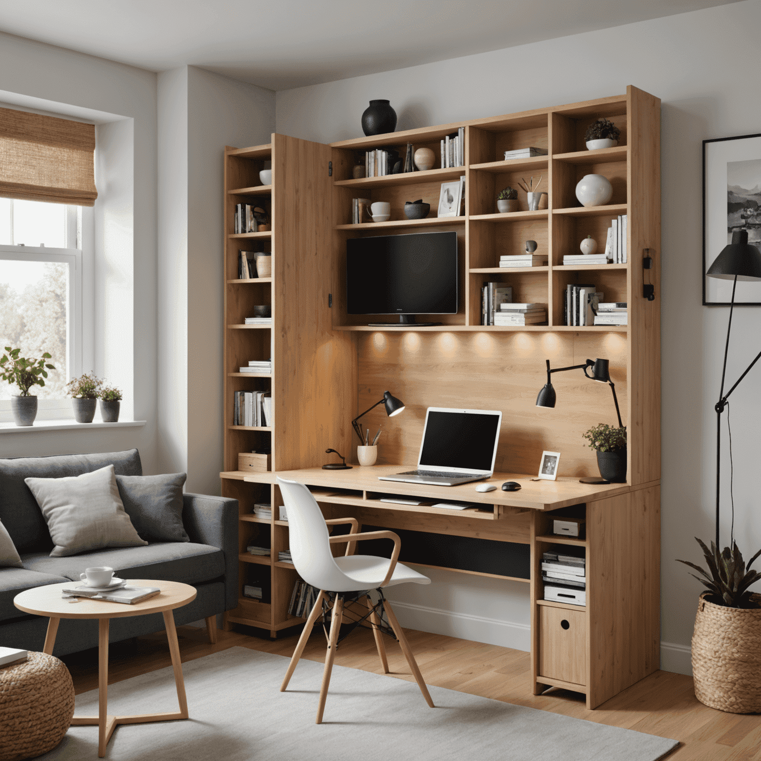 A compact living room with a fold-down desk and hidden storage solutions, showcasing clever space-saving furniture