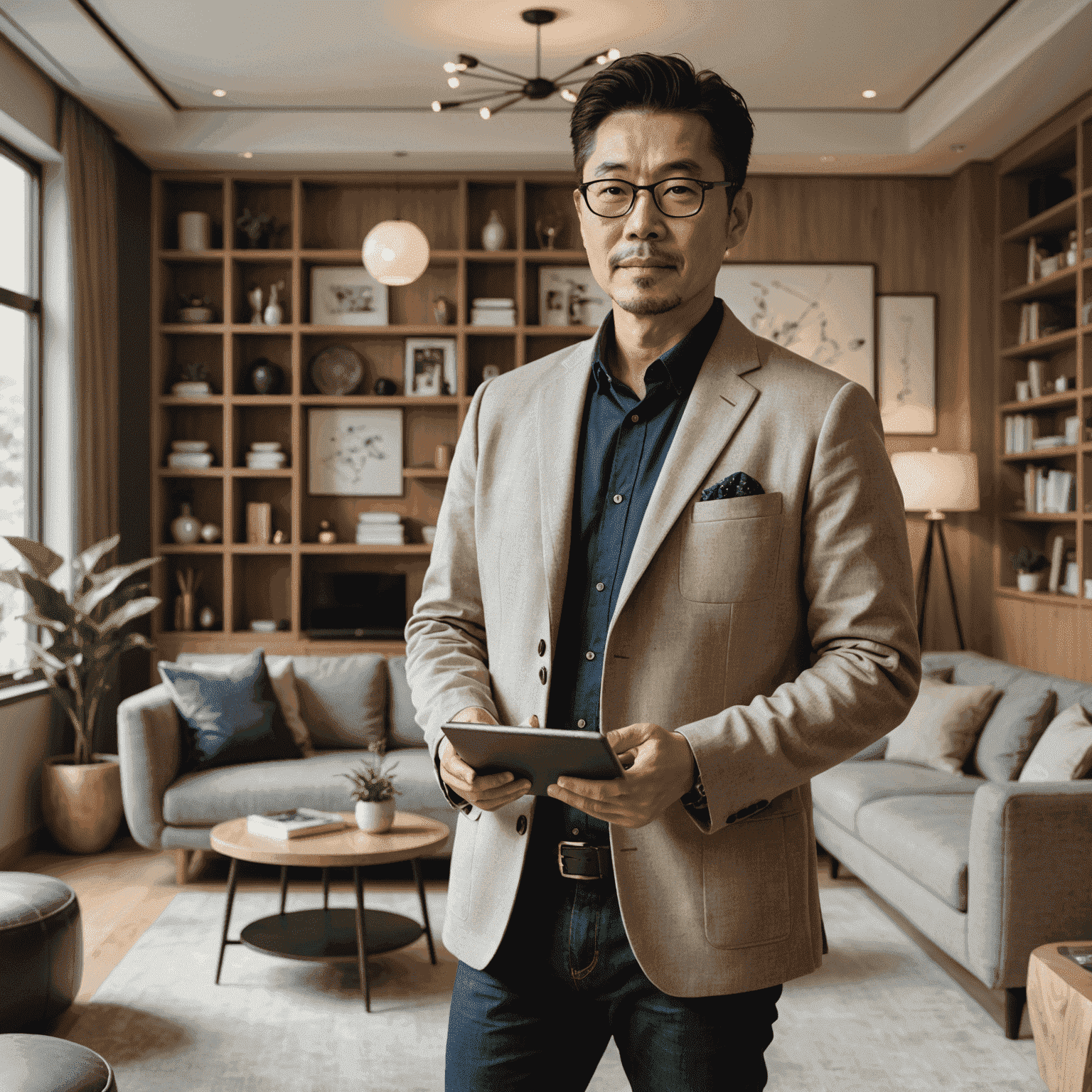 Hiroshi Sato, an interior designer with a creative flair, standing in a stylish living room. He has a thoughtful expression and is holding a tablet with design sketches. The room behind him showcases innovative storage and multifunctional furniture.