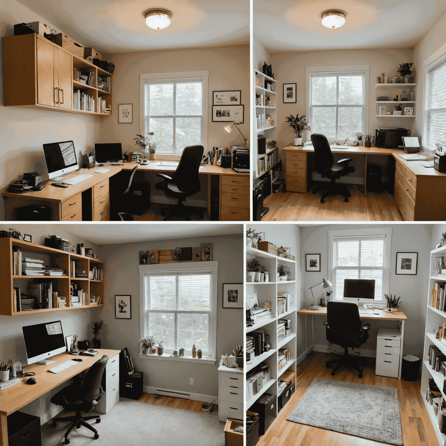 A before and after image of a cluttered home office transformed using the KonMari method. The 'after' side shows a tidy, organized space with neatly arranged items and clear surfaces.