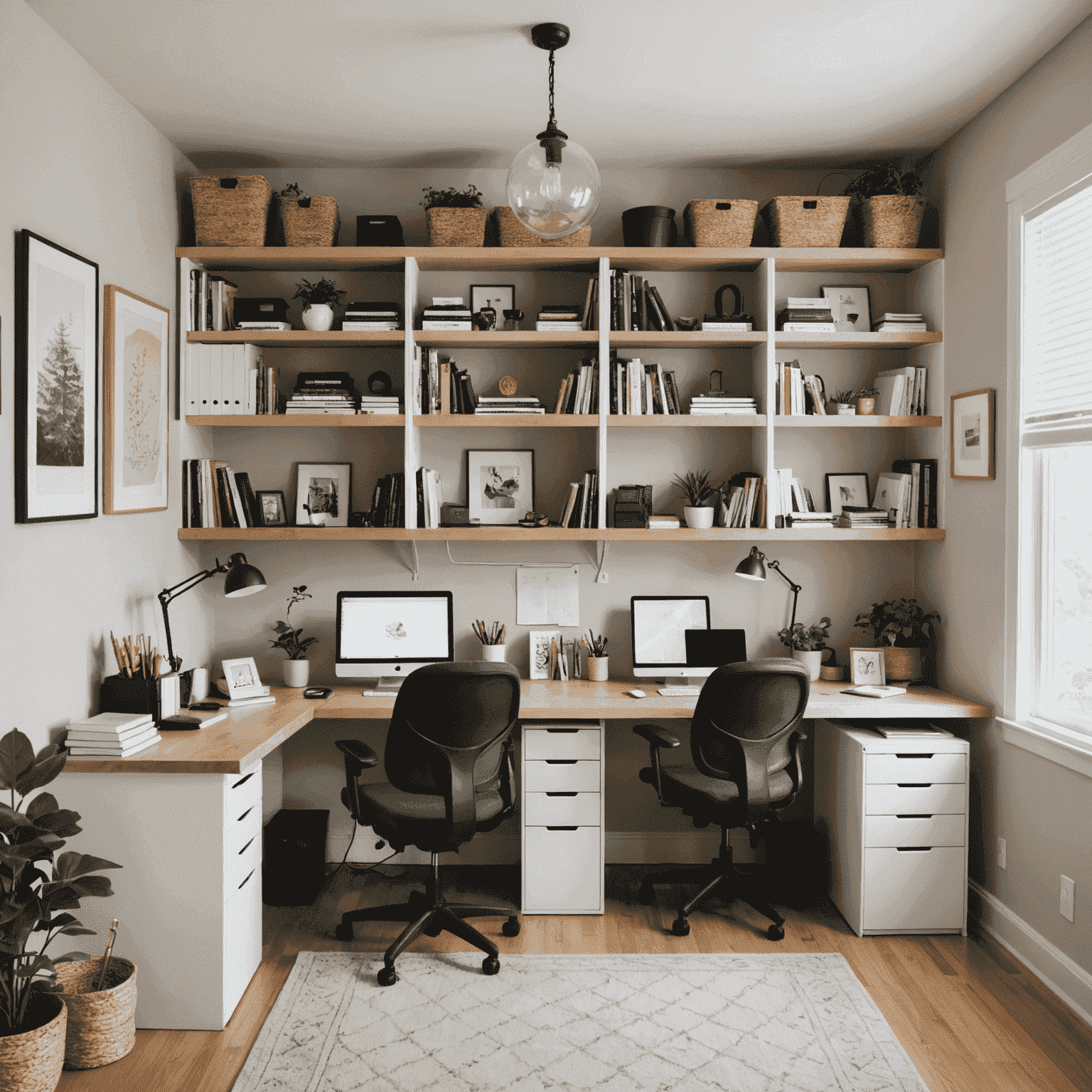 A before and after image of a cluttered workspace transformed into an organized, minimalist home office using the KonMari method