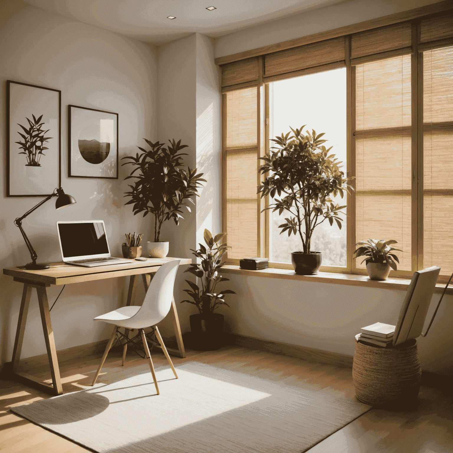 A corner of a minimalist home office with a large window letting in natural light, a small potted bonsai tree on the desk, and bamboo blinds filtering the sunlight.