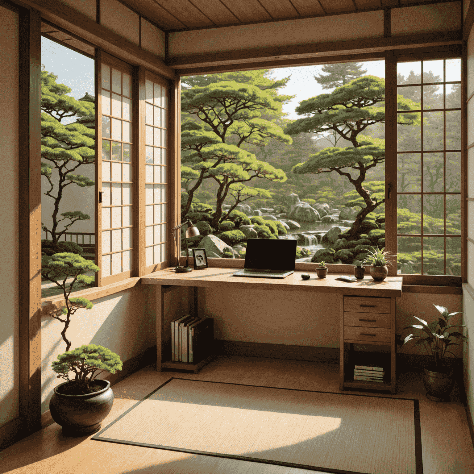 A peaceful Japanese home office corner with a low wooden desk, neatly organized shelves, a small indoor zen garden, and a large window overlooking a traditional Japanese garden