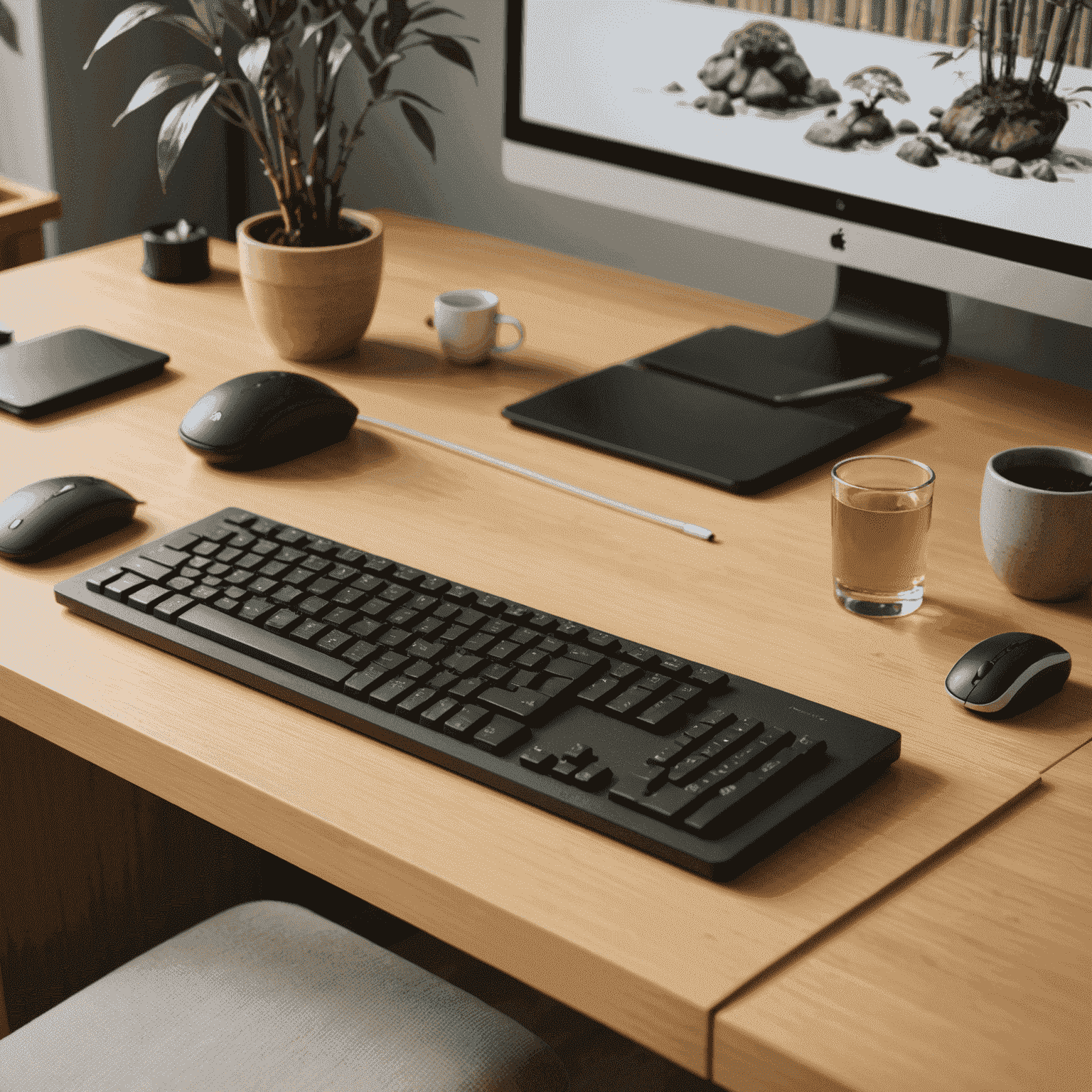 Close-up of a desk setup with a bamboo keyboard and mouse, a small indoor fountain, and a bonsai plant. The desk surface is made of light-colored wood, and a tatami mat is visible underneath.