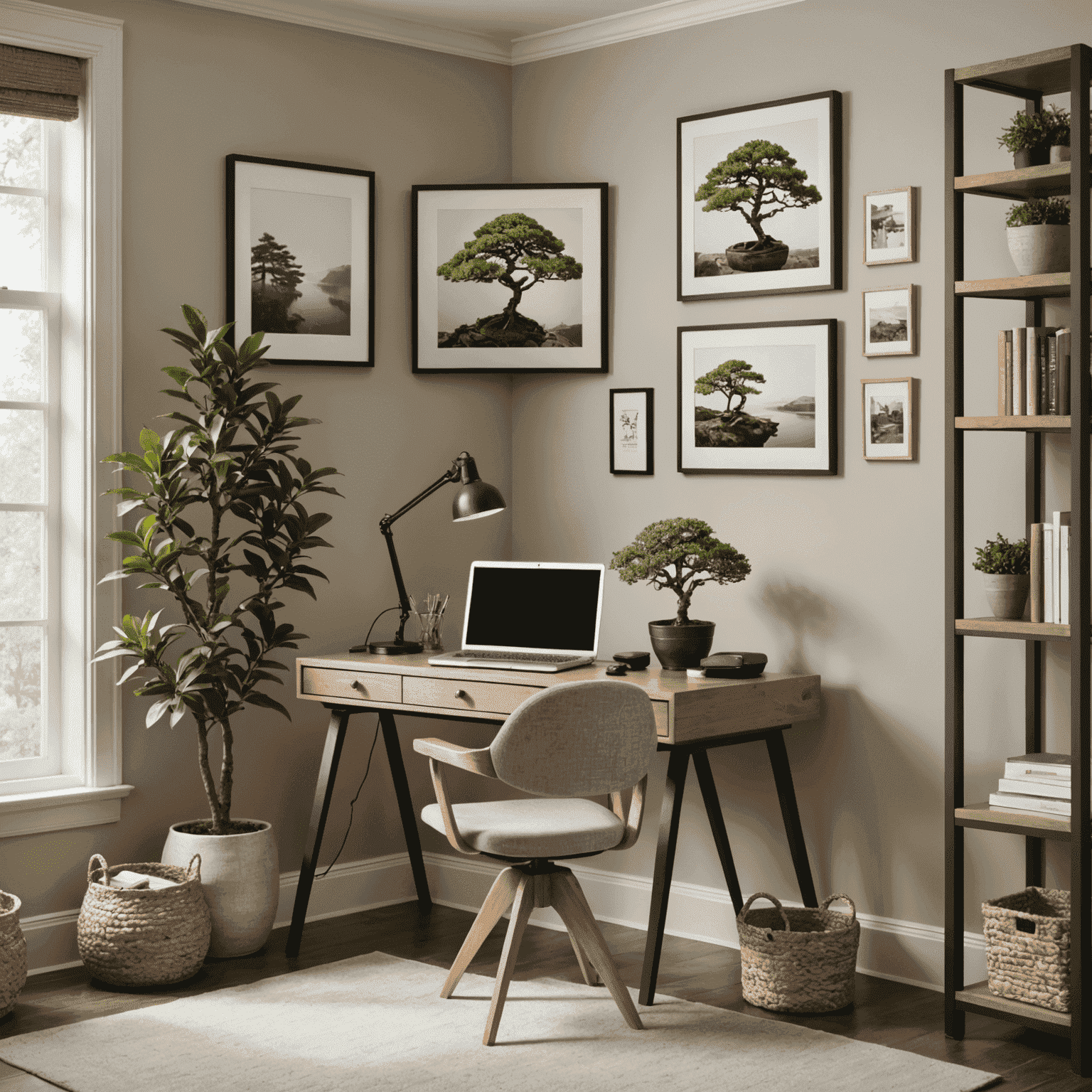 A serene home office corner with a small bonsai tree, framed photos, and a comfortable chair, blending work and personal elements