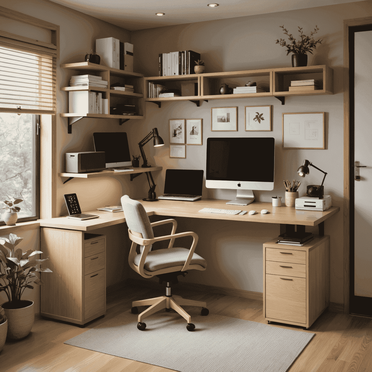 A small Japanese-inspired home office setup with ergonomic furniture, showcasing clever space-saving solutions