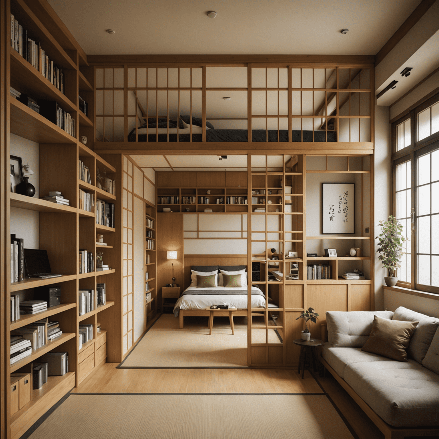 Various room division techniques in a Tokyo apartment, showcasing a loft bed area, shoji screens separating living spaces, and a bookshelf acting as a room divider.