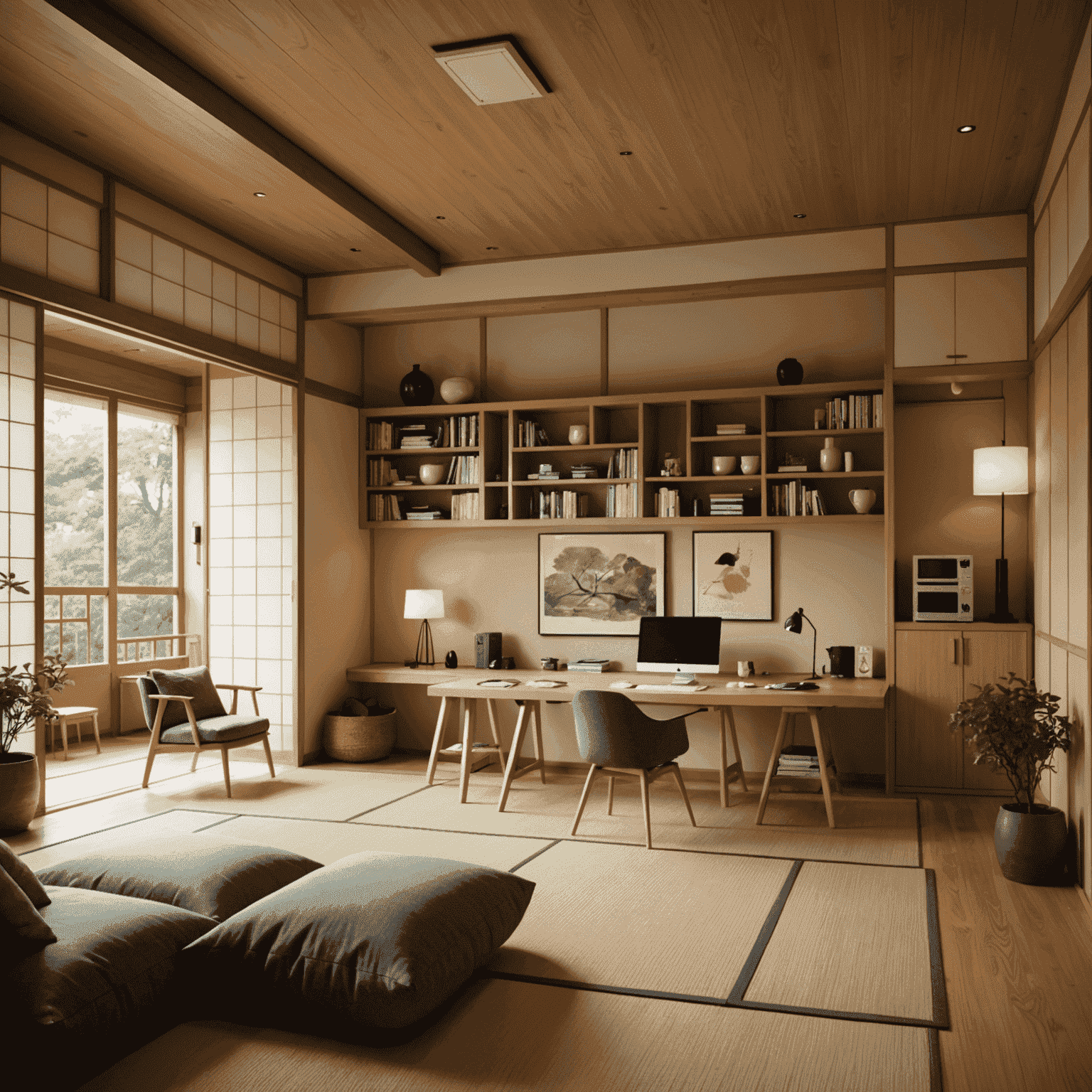 A multi-functional Japanese living space that seamlessly transitions from a work area to a relaxation zone